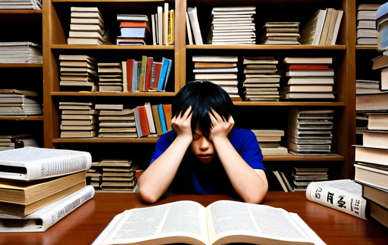 **Prompt 1 (The Initial Struggle):**
    "A young person sits at a cluttered desk, looking overwhelmed and frustrated, holding their head in their hands. Around them are towering stacks of thick, complex Japanese textbooks on gas engineering. The background is dimly lit and slightly blurred, suggesting a maze or dense fog, symbolizing confusion and uncertainty. A half-empty coffee mug sits beside them. Realistic photo, high detail, slightly melancholic atmosphere."