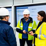 A diverse group of professional gas safety technicians, including two men and one woman, fully clothed in appropriate and modest safety attire with hard hats. They are gathered around a large industrial tablet, collaboratively reviewing a digital gas safety manual displayed on the screen. Their expressions are focused, pointing at specific practical procedures and a safety checklist. The setting is a clean, well-lit modern industrial control room, with various safety equipment subtly visible in the background. This image emphasizes collaboration and the clarity of user-centric design. Perfect anatomy, correct proportions, natural pose, well-formed hands, proper finger count, natural body proportions, safe for work, appropriate content, professional, family-friendly, high-quality professional photography.