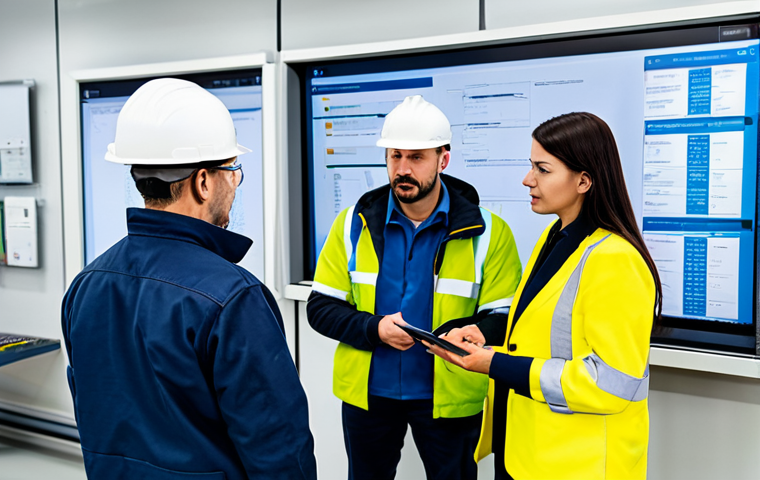 A diverse group of professional gas safety technicians, including two men and one woman, fully clothed in appropriate and modest safety attire with hard hats. They are gathered around a large industrial tablet, collaboratively reviewing a digital gas safety manual displayed on the screen. Their expressions are focused, pointing at specific practical procedures and a safety checklist. The setting is a clean, well-lit modern industrial control room, with various safety equipment subtly visible in the background. This image emphasizes collaboration and the clarity of user-centric design. Perfect anatomy, correct proportions, natural pose, well-formed hands, proper finger count, natural body proportions, safe for work, appropriate content, professional, family-friendly, high-quality professional photography.
