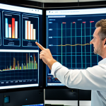 A professional male engineer in a modest work uniform, standing in a sophisticated gas facility control room, observing multiple large digital screens displaying real-time IoT sensor data and AI-driven predictive maintenance analytics. The screens show complex graphs, heat maps, and operational dashboards. The engineer is pointing at a screen, engaged in analysis. Modern, clean, well-lit environment. fully clothed, appropriate attire, safe for work, appropriate content, perfect anatomy, correct proportions, natural pose, well-formed hands, proper finger count, natural body proportions, professional photography, high quality, family-friendly.