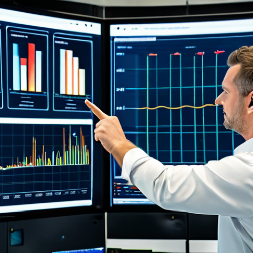 A professional male engineer in a modest work uniform, standing in a sophisticated gas facility control room, observing multiple large digital screens displaying real-time IoT sensor data and AI-driven predictive maintenance analytics. The screens show complex graphs, heat maps, and operational dashboards. The engineer is pointing at a screen, engaged in analysis. Modern, clean, well-lit environment. fully clothed, appropriate attire, safe for work, appropriate content, perfect anatomy, correct proportions, natural pose, well-formed hands, proper finger count, natural body proportions, professional photography, high quality, family-friendly.