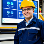 A male gas engineer in a clean, professional uniform, standing confidently. He wears a dark blue uniform with a company logo, a safety helmet, and modest, appropriate attire. The setting is a modern, clean gas facility, blending traditional pipes and control panels with subtle digital screens displaying real-time data. The background suggests both robust infrastructure and innovative new technology. He has a determined, knowledgeable, and forward-looking expression. Perfect anatomy, correct proportions, natural pose, well-formed hands, proper finger count, natural body proportions. Professional photography, high quality, safe for work, appropriate content, fully clothed, professional, modest, family-friendly.