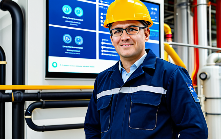 A male gas engineer in a clean, professional uniform, standing confidently. He wears a dark blue uniform with a company logo, a safety helmet, and modest, appropriate attire. The setting is a modern, clean gas facility, blending traditional pipes and control panels with subtle digital screens displaying real-time data. The background suggests both robust infrastructure and innovative new technology. He has a determined, knowledgeable, and forward-looking expression. Perfect anatomy, correct proportions, natural pose, well-formed hands, proper finger count, natural body proportions. Professional photography, high quality, safe for work, appropriate content, fully clothed, professional, modest, family-friendly.