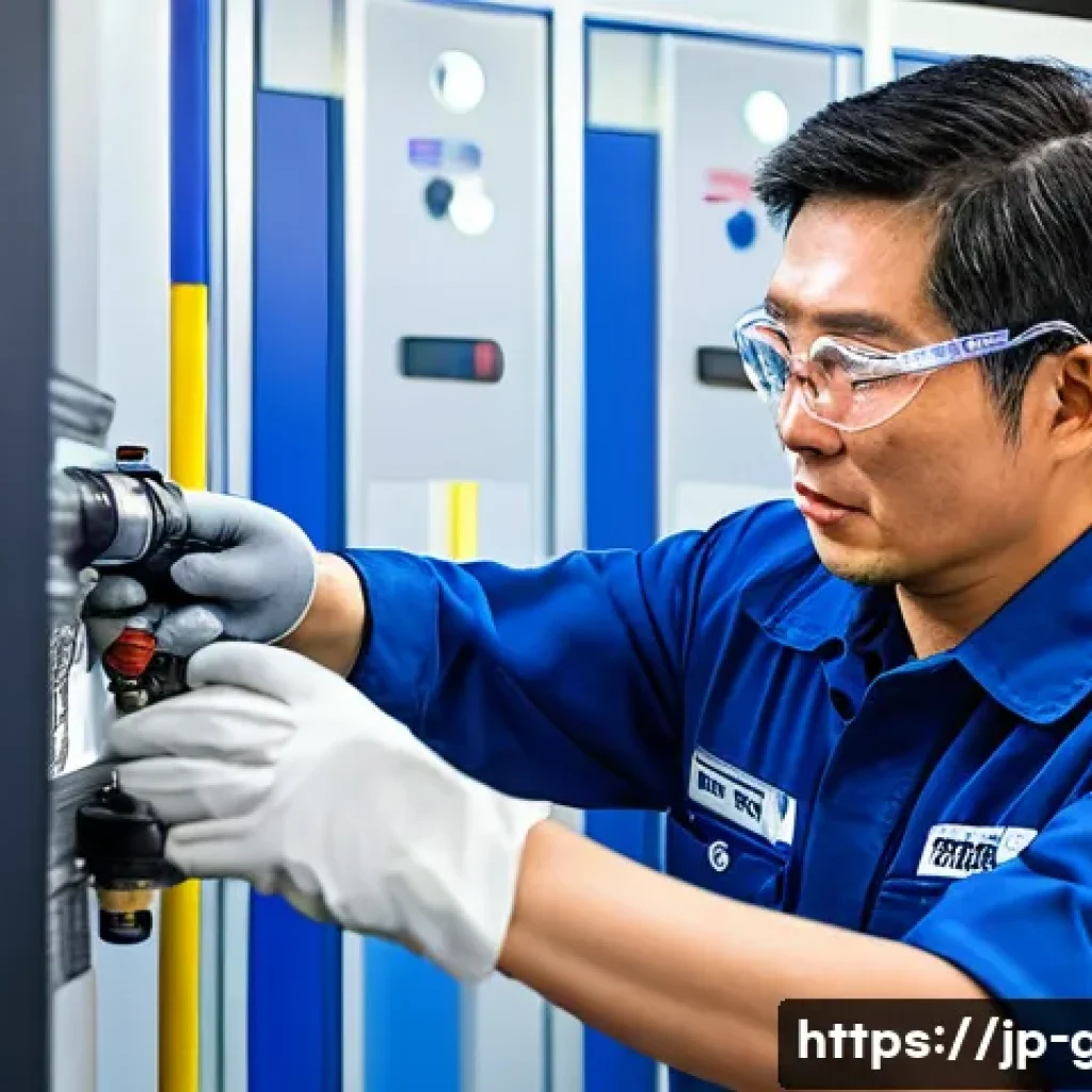 가스 자격증 실기 채점 기준 분석 - A detailed scene of a professional Japanese gas technician carefully performing a practical exam in ...