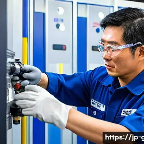 가스 자격증 실기 채점 기준 분석 - A detailed scene of a professional Japanese gas technician carefully performing a practical exam in ...