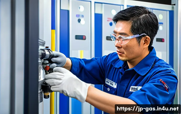 가스 자격증 실기 채점 기준 분석 - A detailed scene of a professional Japanese gas technician carefully performing a practical exam in ...