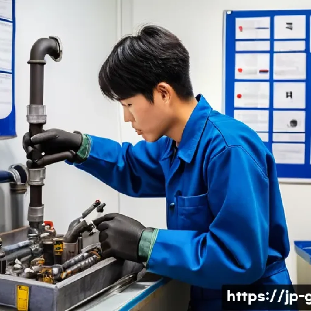 가스 자격증 실기 준비 팁 - A detailed scene of a Japanese vocational school student practicing gas equipment connection for a p...