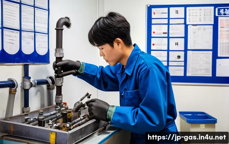 가스 자격증 실기 준비 팁 - A detailed scene of a Japanese vocational school student practicing gas equipment connection for a p...