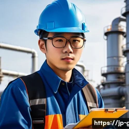 가스 자격증 취득 후 첫 업무 경험 - A young Japanese gas technician in his early 20s wearing a full safety uniform including a helmet, g...