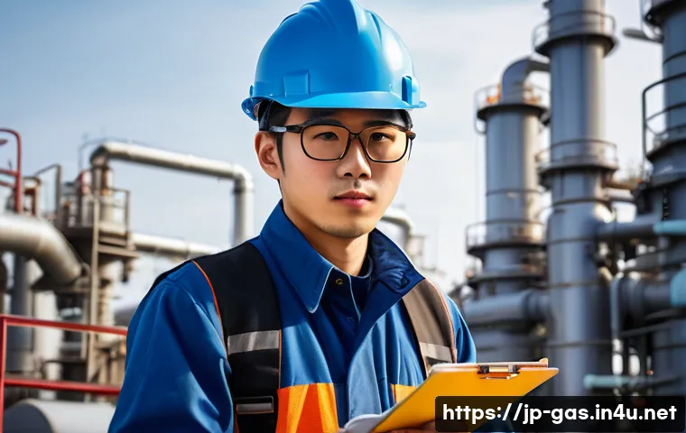가스 자격증 취득 후 첫 업무 경험 - A young Japanese gas technician in his early 20s wearing a full safety uniform including a helmet, g...