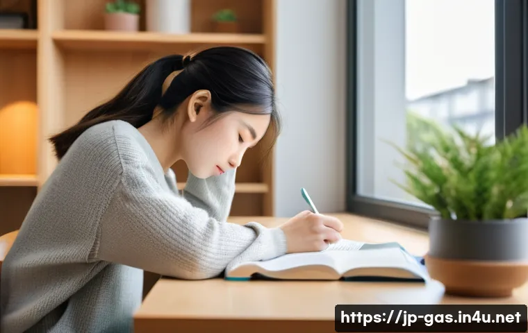 가스 자격증 수험생의 필수 건강 관리법 - A focused Japanese student in a modern study room practicing the Pomodoro Technique: sitting at a ti...