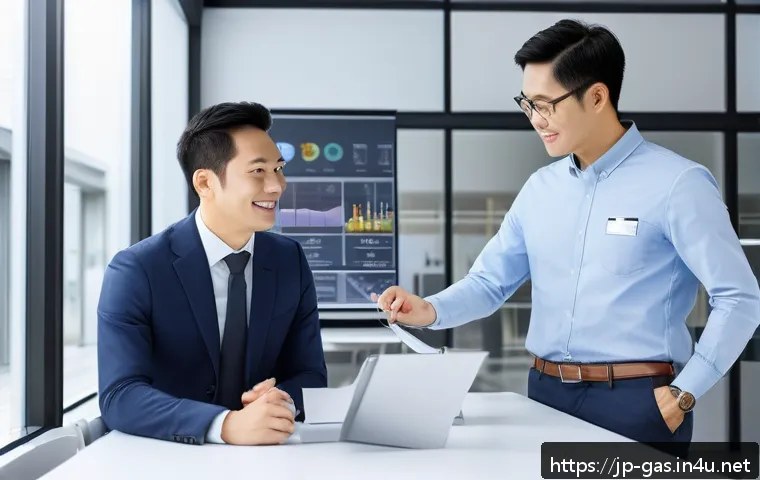 가스 자격증 보유자의 이직 사례 분석 - A modern Japanese office scene featuring a confident male engineer in his 30s wearing smart casual a...